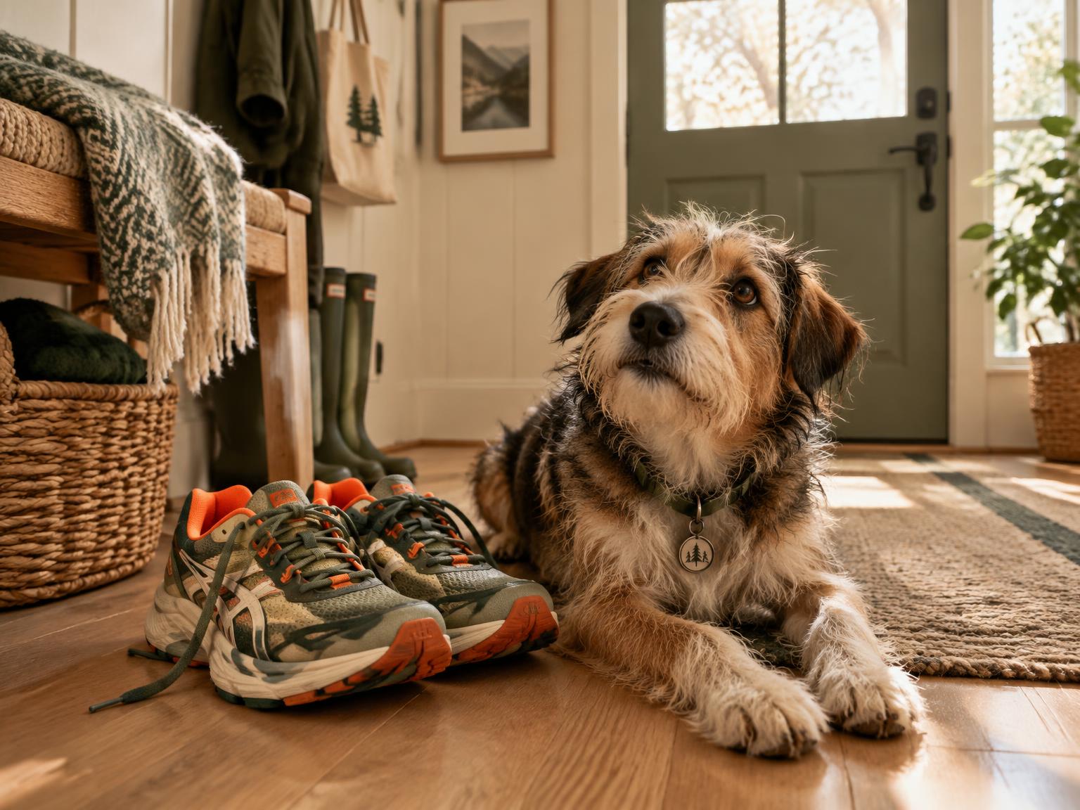 Joggesko og en hund som venter i gangen